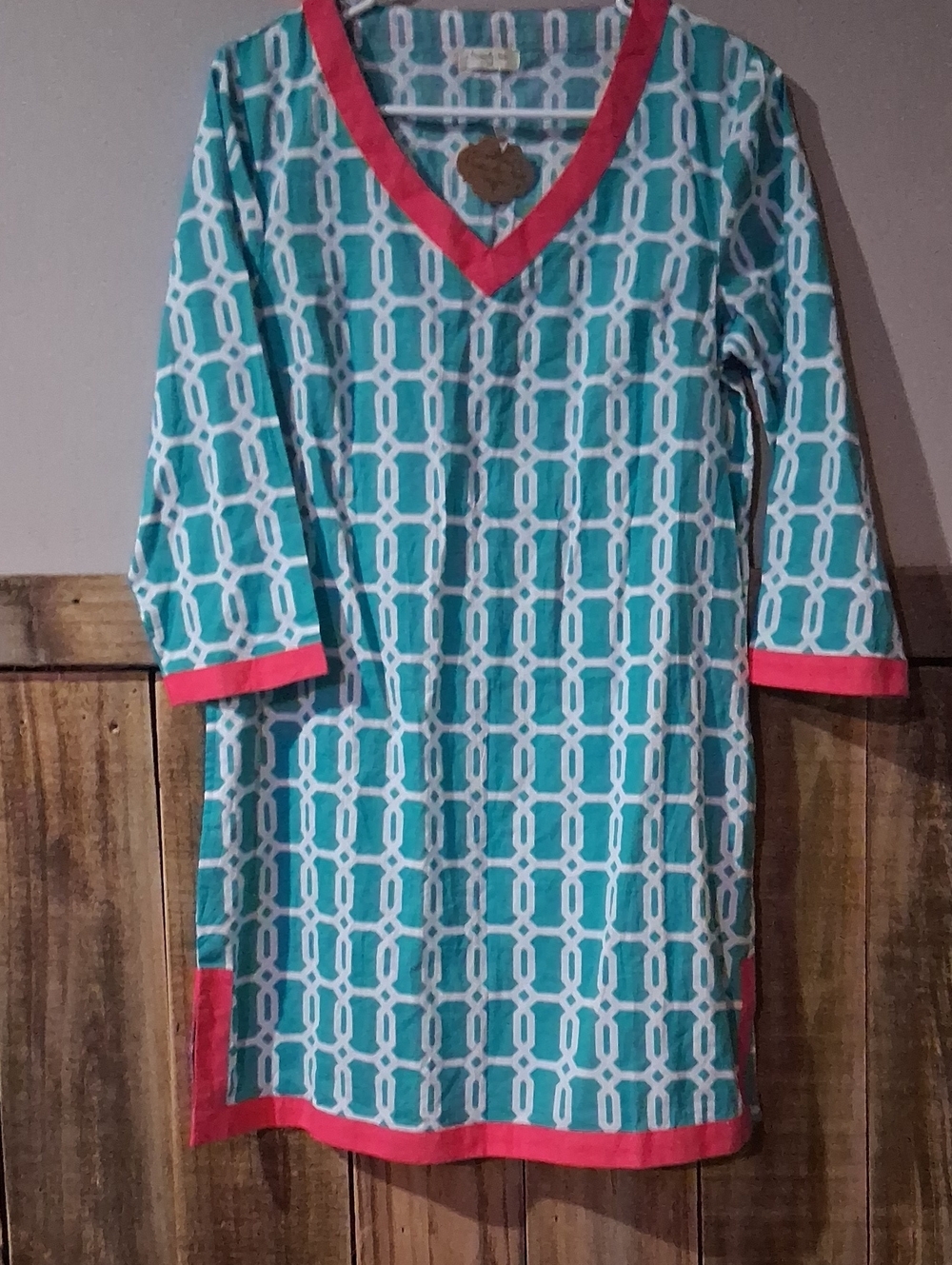 Turquoise Geo V-Neck Swim Coverup with Coral Trim